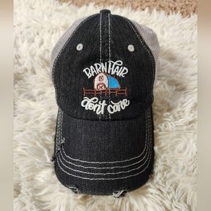 Barn hair, don’t care.  Cute farmers cap.